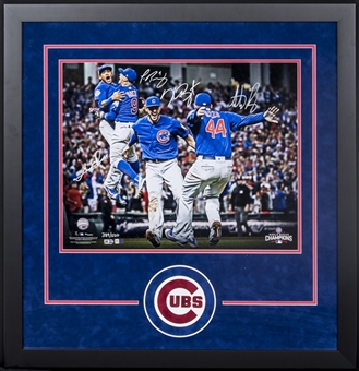2016 World Series Champions Chicago Cubs Multi Signed Photo in 30x31 Framed Display with 4 Signatures: Baez, Bryant, Rizzo & Russell (MLB Authenticated & Fanatics)